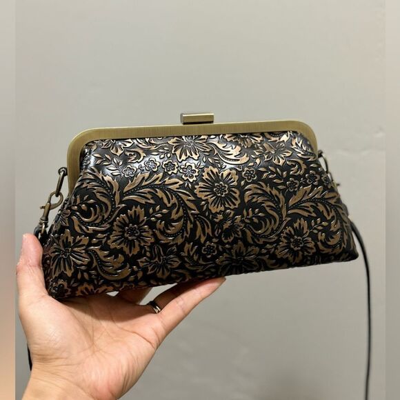 Handmade Floral  Embossed Cowhide Push Lock Clutch, Shoulder Bag, Crossbody - Picture 5 of 16